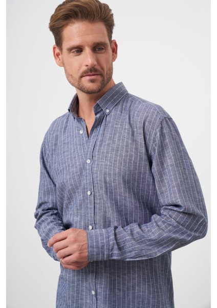 Erkek Lacivert Keten Çizgili Düğmeli Yaka Regular Fit Gömlek fiyatları