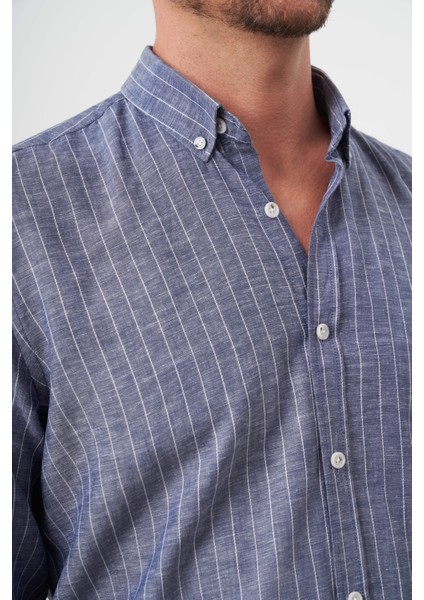 Erkek Lacivert Keten Çizgili Düğmeli Yaka Regular Fit Gömlek modelleri