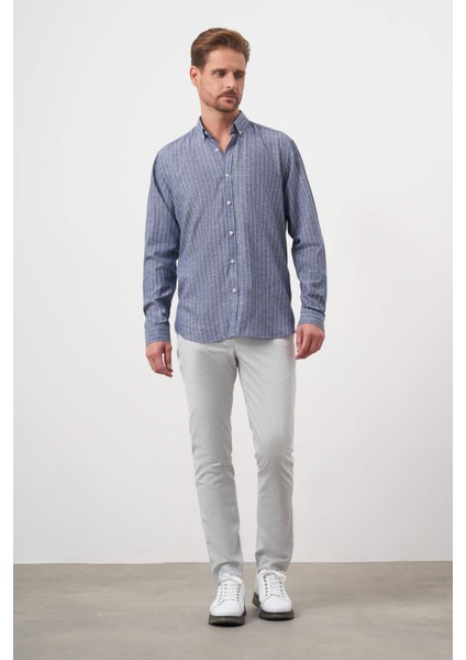 Erkek Lacivert Keten Çizgili Düğmeli Yaka Regular Fit Gömlek fırsatları