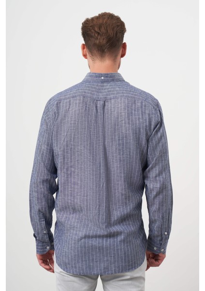 Erkek Lacivert Keten Çizgili Düğmeli Yaka Regular Fit Gömlek indirimleri