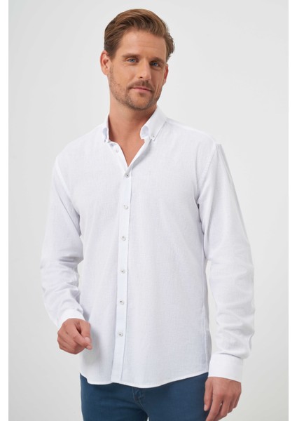 Erkek Beyaz Keten Düz Desen Düğmeli Yaka Slim Fit Gömlek fiyatları