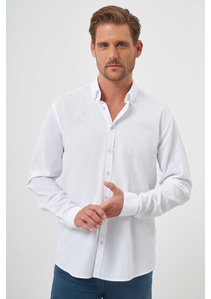 Erkek Beyaz Keten Düz Desen Düğmeli Yaka Slim Fit Gömlek modelleri