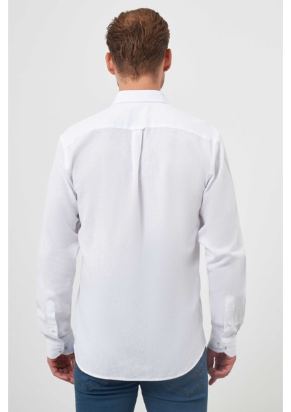 Erkek Beyaz Keten Düz Desen Düğmeli Yaka Slim Fit Gömlek indirimleri
