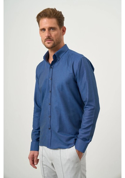 Erkek Lacivert Slim Fit Düğmeli Yaka Gömlek