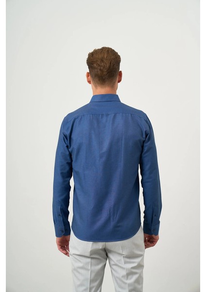 Erkek Lacivert Slim Fit Düğmeli Yaka Gömlek