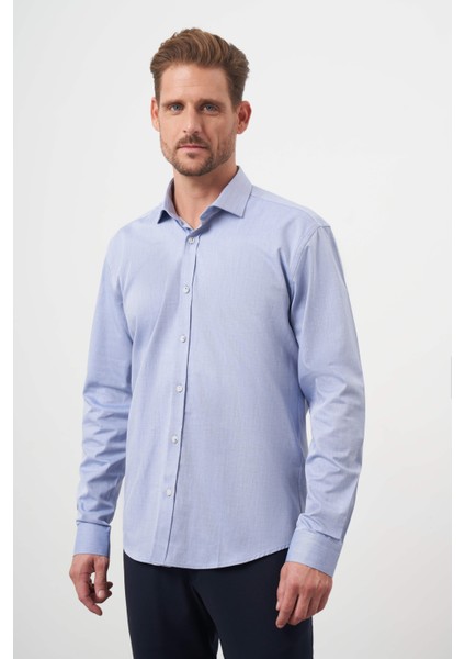 Erkek Mavi Pamuk Baskılı Desenli Italyan Yaka Slim Fit Gömlek