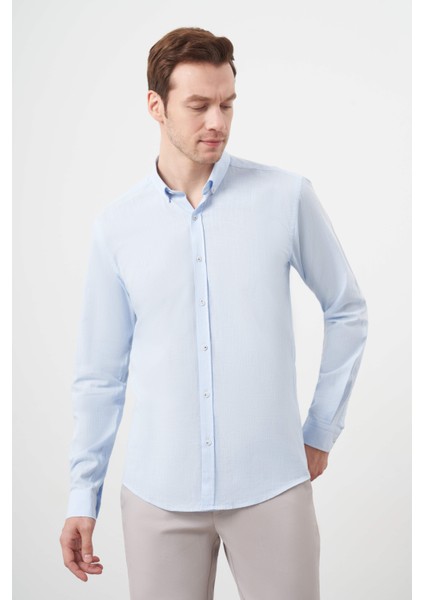 Erkek A. Mavi Pamuk Ekoseli Düğmeli Yaka Slim Fit Gömlek fiyatları