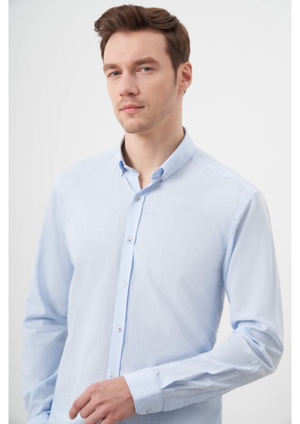 Erkek A. Mavi Pamuk Ekoseli Düğmeli Yaka Slim Fit Gömlek modelleri