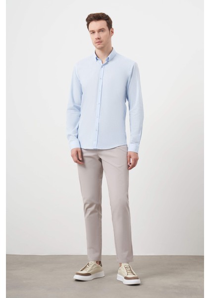 Erkek A. Mavi Pamuk Ekoseli Düğmeli Yaka Slim Fit Gömlek fırsatları