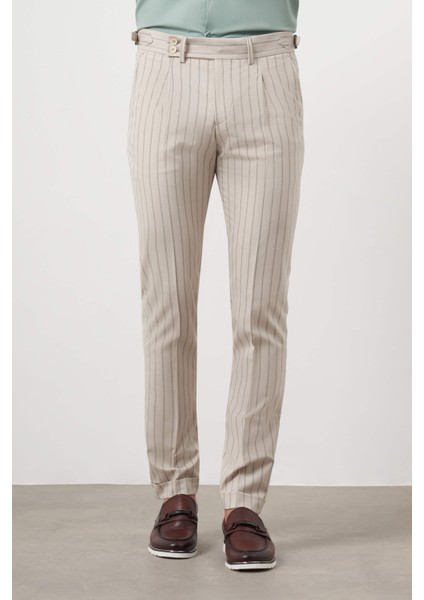 Erkek Bej Poliviskon Trend Pileli Slim Fit Spor Pantolon