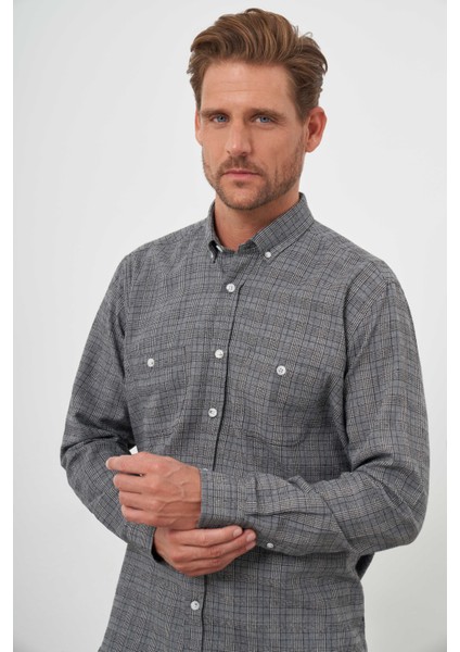 Erkek Gri Trend Oduncu Ekoseli Düğmeli Yaka Regular Fit Gömlek modelleri