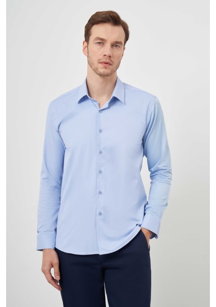 Erkek A. Mavi Pamuk Düz Desen Italyan Yaka Slim Fit Gömlek