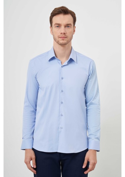 Erkek A. Mavi Pamuk Düz Desen Italyan Yaka Slim Fit Gömlek fiyatları