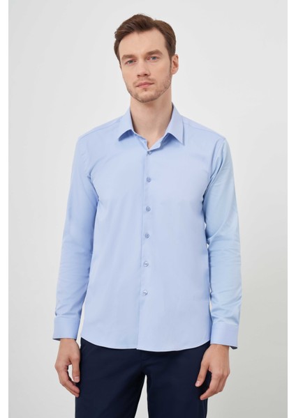 Erkek A. Mavi Pamuk Düz Desen Italyan Yaka Slim Fit Gömlek modelleri