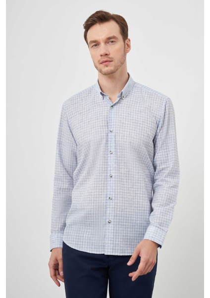 Erkek Mavi Keten Ekoseli Düğmeli Yaka Regular Fit Gömlek modelleri