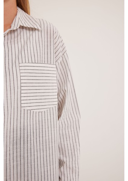 Kadın Beyaz Siyah Çizgili Oversize Keten Gömlek 20252 indirimleri