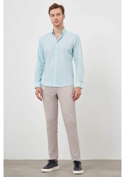 Erkek Su Yeşili Keten Düz Desen Düğmeli Yaka Slim Fit Gömlek fırsatları