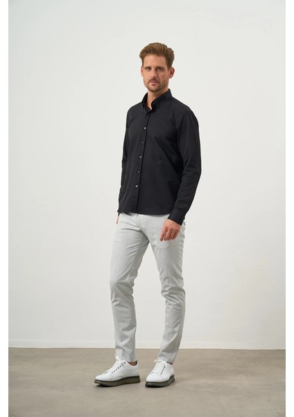 Erkek Siyah Slim Fit Düğmeli Yaka Gömlek