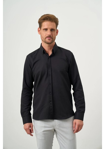 Erkek Siyah Slim Fit Düğmeli Yaka Gömlek