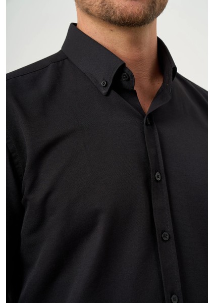 Erkek Siyah Slim Fit Düğmeli Yaka Gömlek