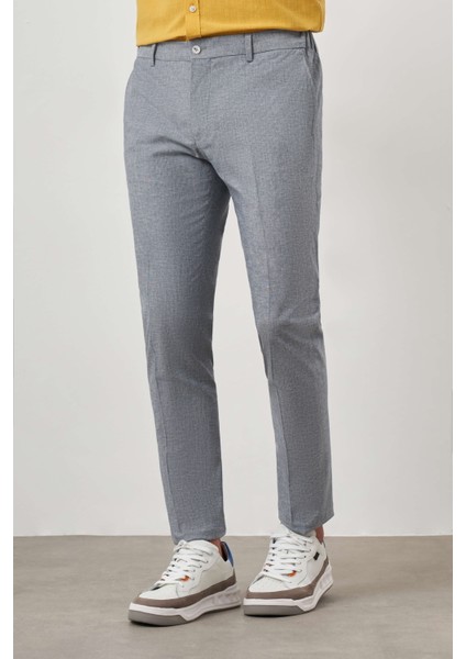 Erkek Lacivert Keten Desenli Yandan Lastikli Slim Fit Pantolon