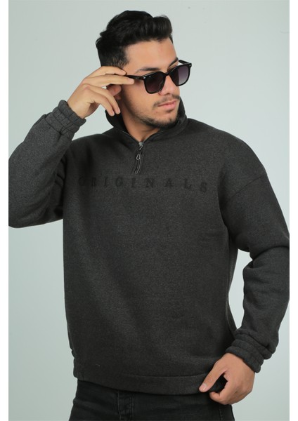 Originals Nakış Detaylı Fermuarlı Oversize Sweatshirt-Antrasit