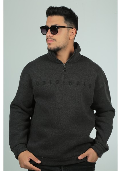 Originals Nakış Detaylı Fermuarlı Oversize Sweatshirt-Antrasit