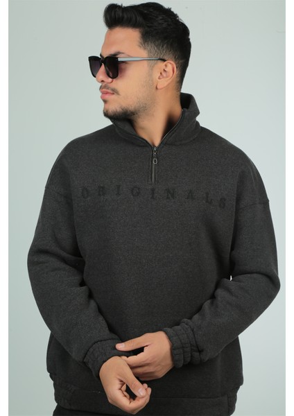 Originals Nakış Detaylı Fermuarlı Oversize Sweatshirt-Antrasit