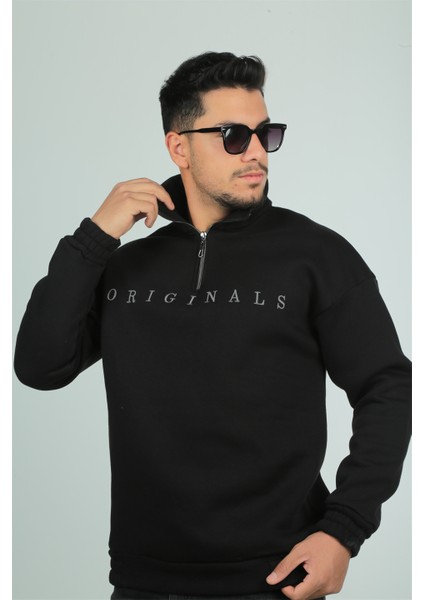 Originals Nakış Detaylı Fermuarlı Oversize Sweatshirt-Siyah