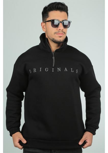 Originals Nakış Detaylı Fermuarlı Oversize Sweatshirt-Siyah