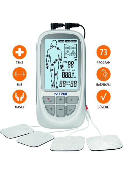 2 Kanallı Dijital Portatif Tens , Ems , Masaj Cihazı 73 Programlı Bataryalı Tens Cihazı