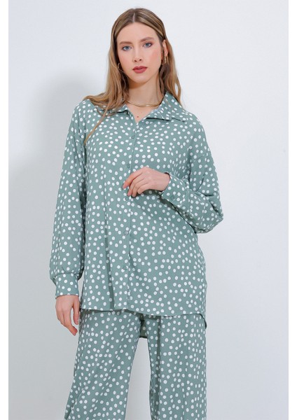 Kadın Puantiyeli Mint Ekru Örme Ikili Takım 5858