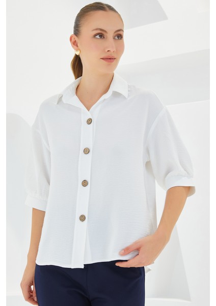 Kadın Beyaz Kısa Kol Oversize Keten Gömlek 20240