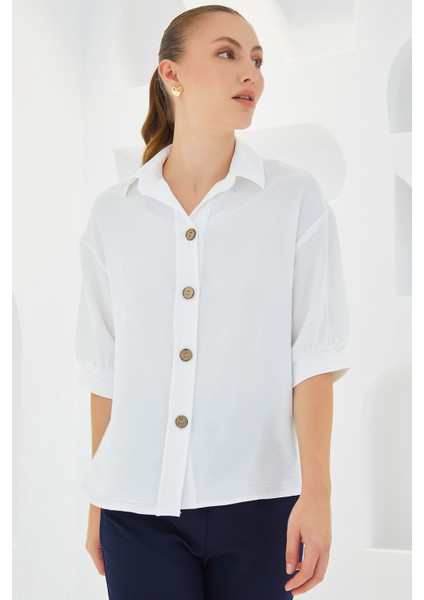Kadın Beyaz Kısa Kol Oversize Keten Gömlek 20240 fiyatları