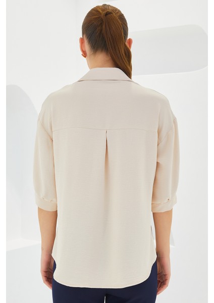 Kadın Krem Kısa Kol Oversize Keten Gömlek 20240 indirimleri