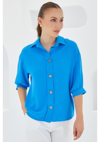 Kadın Mavi Kısa Kol Oversize Keten Gömlek 20240
