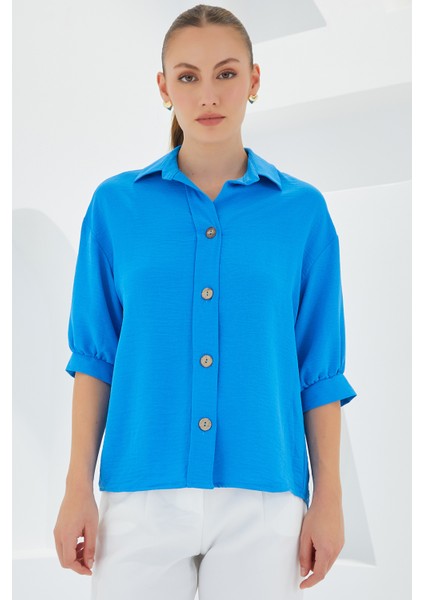 Kadın Mavi Kısa Kol Oversize Keten Gömlek 20240 fiyatları