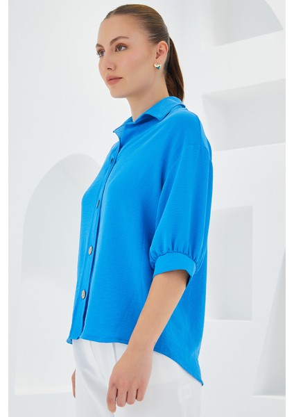 Kadın Mavi Kısa Kol Oversize Keten Gömlek 20240 modelleri
