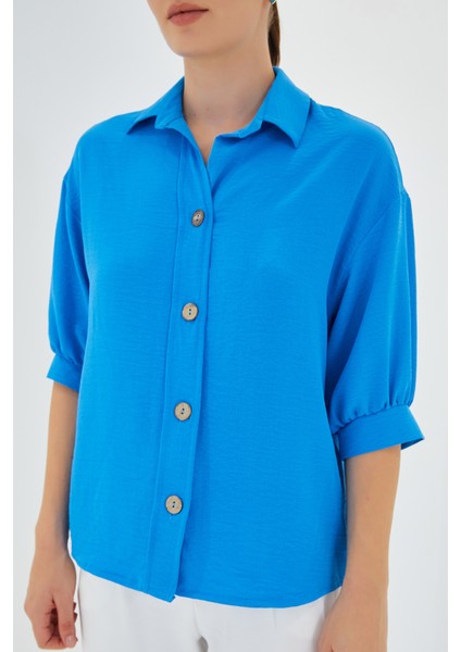 Kadın Mavi Kısa Kol Oversize Keten Gömlek 20240 fırsatları