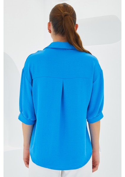 Kadın Mavi Kısa Kol Oversize Keten Gömlek 20240 indirimleri