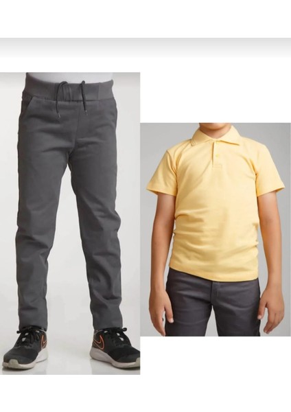 Unisex Çocuk Ribana Bel Gri Okul Pantolon +Kısa Kol Pamuk Polo Yaka T-Shırt