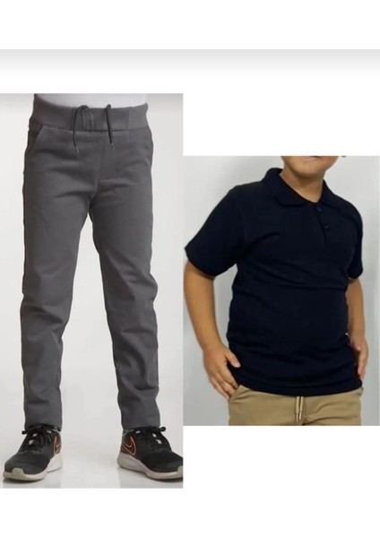 Unisex Çocuk Ribana Bel Gri Okul Pantolon +Kısa Kol Pamuk Polo Yaka T-Shırt