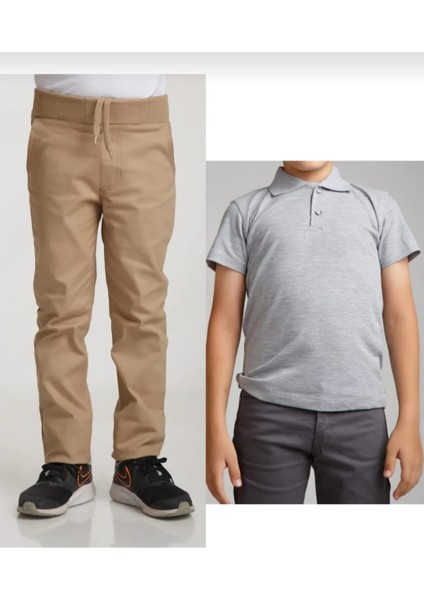 Unisex Çocuk Ribana Bel Bej Okul Pantolon +Kısa Kol Pamuk Polo Yaka T-Shırt