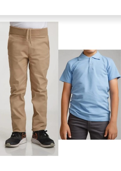 Unisex Çocuk Ribana Bel Bej Okul Pantolon +Kısa Kol Pamuk Polo Yaka T-Shırt