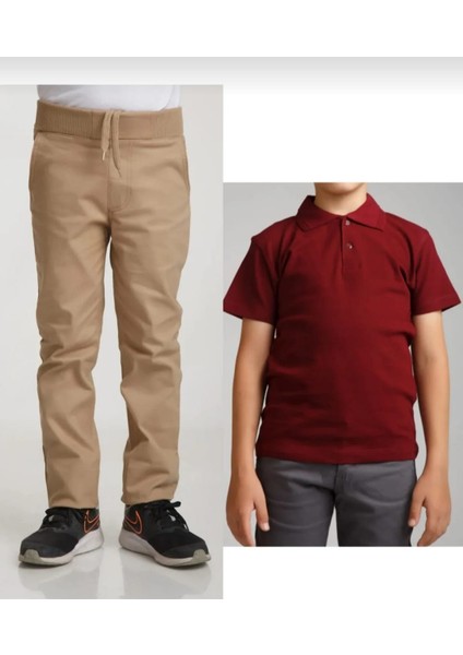 Unisex Çocuk Ribana Bel Bej Okul Pantolon +Kısa Kol Pamuk Polo Yaka T-Shırt