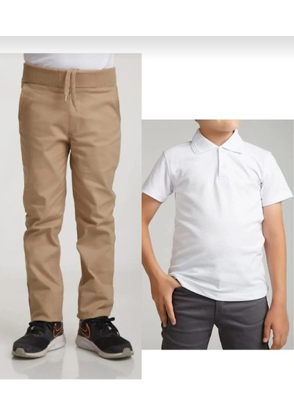 Unisex Çocuk Ribana Bel Bej Okul Pantolon +Kısa Kol Pamuk Polo Yaka T-Shırt
