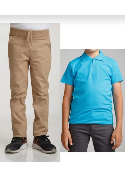 Unisex Çocuk Ribana Bel Bej Okul Pantolon +Kısa Kol Pamuk Polo Yaka T-Shırt