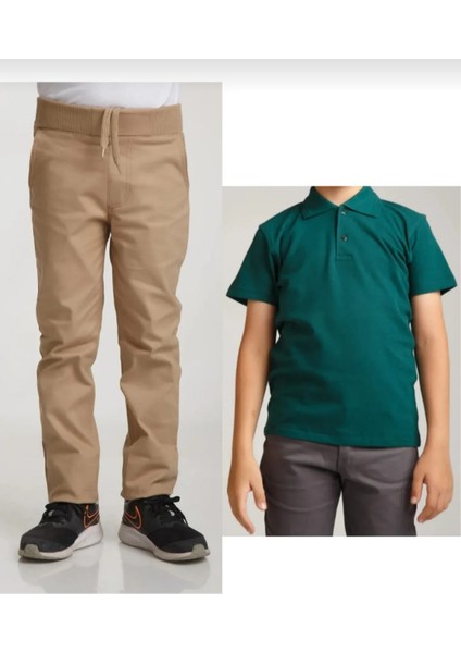 Unisex Çocuk Ribana Bel Bej Okul Pantolon +Kısa Kol Pamuk Polo Yaka T-Shırt