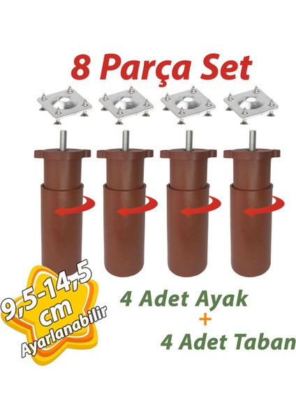 4 Adet Destek Ayağı 9,5-14,5 cm Kahverengi ve 4 Adet Metal Düz Ayak Tabanı M8 Civatalı Ince Diş Mobilya Kanepe Baza Koltuk Seti
