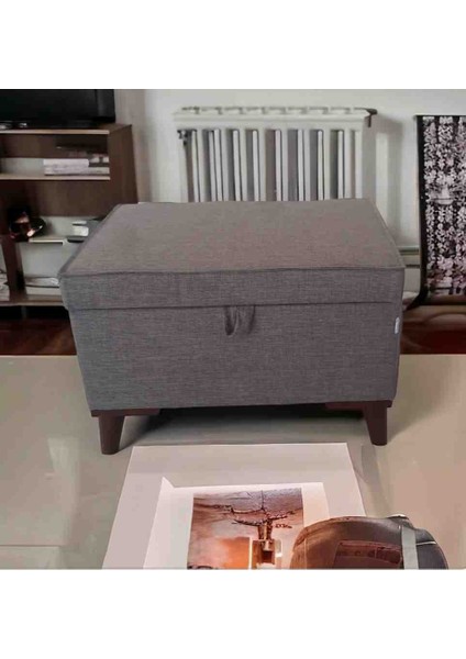 Sahra Peri Sandıklı Düz Keten Kumaş Sandıklıpuf Bench Puf Tabure Pistonlu 60X40 cm